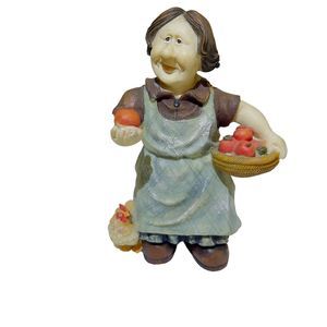 Bisque Ceramic Vintage 6” Tall Lady Tomatoes Basket Chickens Harvest Fall Smile